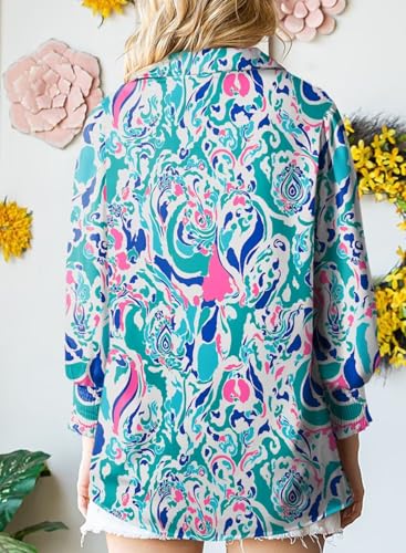 Astylish Womens Romantic Lantern Sleeve Shirt Soft Breathable Fit Paisley Print V-Neck Retro Button Down Shirts Sky Blue Large - Image 3