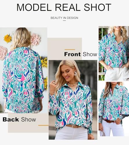 Astylish Womens Romantic Lantern Sleeve Shirt Soft Breathable Fit Paisley Print V-Neck Retro Button Down Shirts Sky Blue Large - Image 5