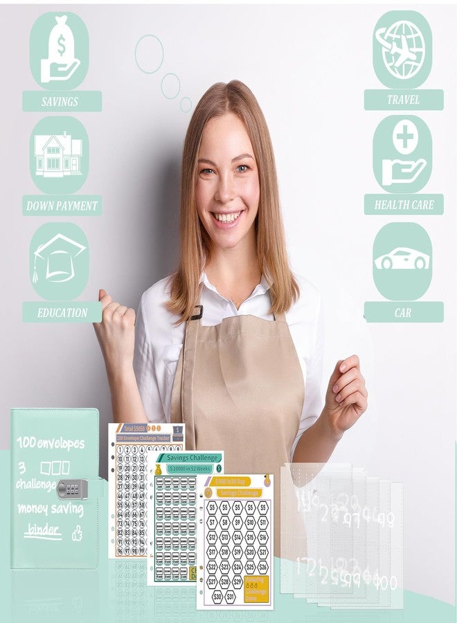 Antner 100 Envelopes Money Saving Challenge Binder with Lock, A5 Savings Binder Challenge Book Budget Planner with Cash Envelopes for Money Saving - Password Lock to Protect Cash Security, Mint Blue - Image 2