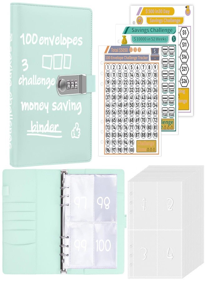 Antner 100 Envelopes Money Saving Challenge Binder with Lock, A5 Savings Binder Challenge Book Budget Planner with Cash Envelopes for Money Saving - Password Lock to Protect Cash Security, Mint Blue - Image 1