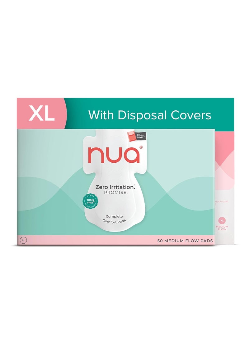 Nua Complete Comfort Sanitary Pads - Designed for Sensitive Skin | Pack of 50 pads for Medium flow, with Disposal covers | Zero Irritation | Comfortable All-Day Protection | Ultra-Thin | Super Absorbent | No rashes | 50% Wider Back | 100% Toxic-Free, Dermatologically Tested - Image 1