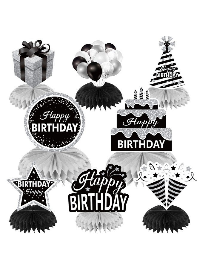 Excelloon 8PCS Black White Silver Birthday Decorations Honeycomb Centerpieces for Women Men, Black White Happy Birthday Table Centerpieces Party Supplies, 16th 21st 30th 40th 50th Birthday Table Topper Decor - Image 1