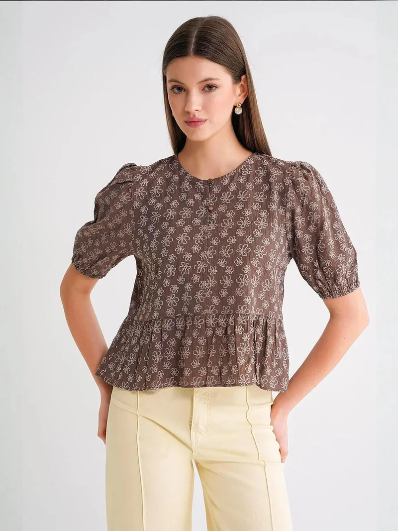 MixRay Coffee Brown Mixray Frilly Crew Neck Blouse for Women | Best Price UAE