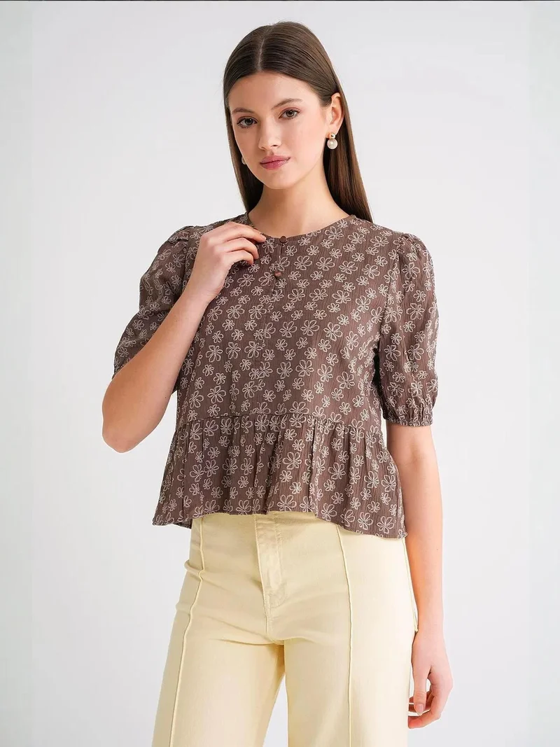 MixRay Coffee Brown Mixray Frilly Crew Neck Blouse for Women | Best Price UAE