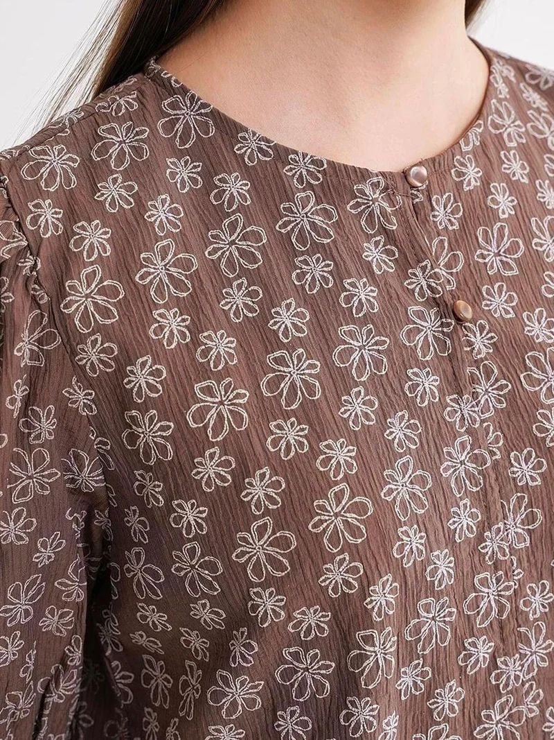 MixRay Coffee Brown Mixray Frilly Crew Neck Blouse for Women | Best Price UAE