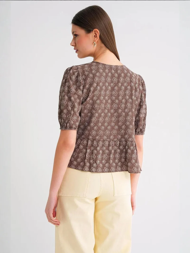 MixRay Coffee Brown Mixray Frilly Crew Neck Blouse for Women | Best Price UAE