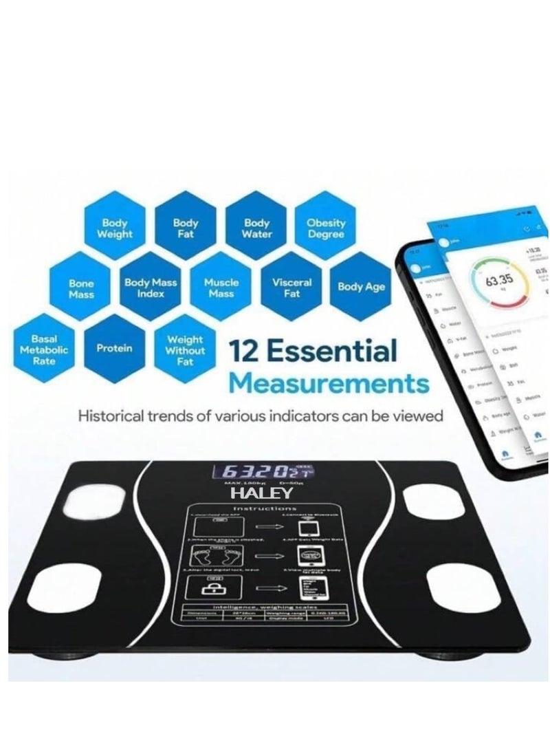 Haley - Wtrtr HALEY 180Kg Digital Weight Scale,Body Fat Scale, Bluetooth Smart Body Weight Scale, Wireless Digital Bathroom Scale with Smartphone App.2 Years Warranty.HY-5006(Black) - Image 1