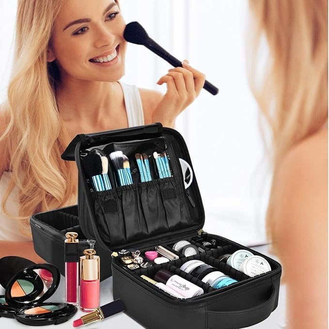 MIJILIX Travel Professional Makeup Case 1 Layer Cosmetic Organizer Brush Bag Barber Train Case Makeup Artist Box with Adjustable Dividers for Hair Curler Hair Straightener Set and Cosmetics - Image 4