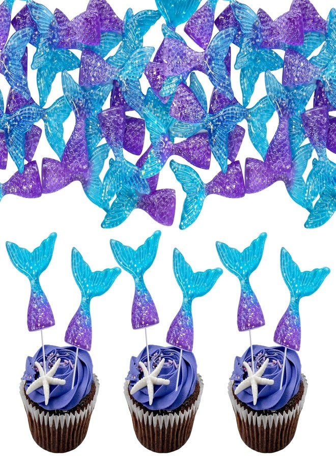 Ephlyn 24pcs Mermaid Tail Cupcake Toppers & Figurines - Acrylic Mini Wrappers - Purple & Blue Mermaid Party Supplies - Image 1