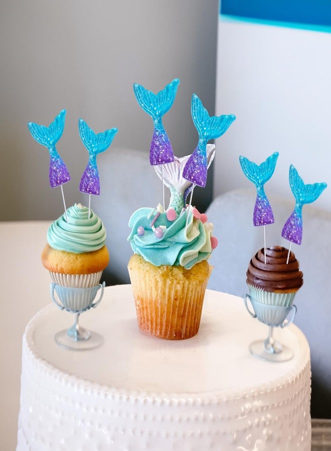 Ephlyn 24pcs Mermaid Tail Cupcake Toppers & Figurines - Acrylic Mini Wrappers - Purple & Blue Mermaid Party Supplies - Image 5