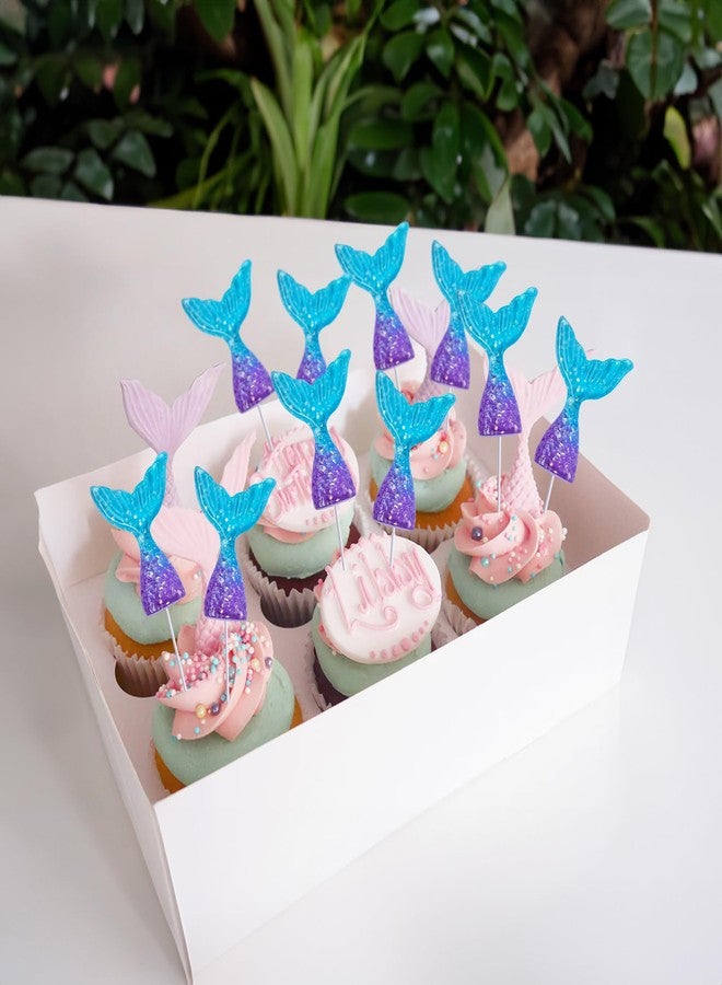 Ephlyn 24pcs Mermaid Tail Cupcake Toppers & Figurines - Acrylic Mini Wrappers - Purple & Blue Mermaid Party Supplies - Image 4