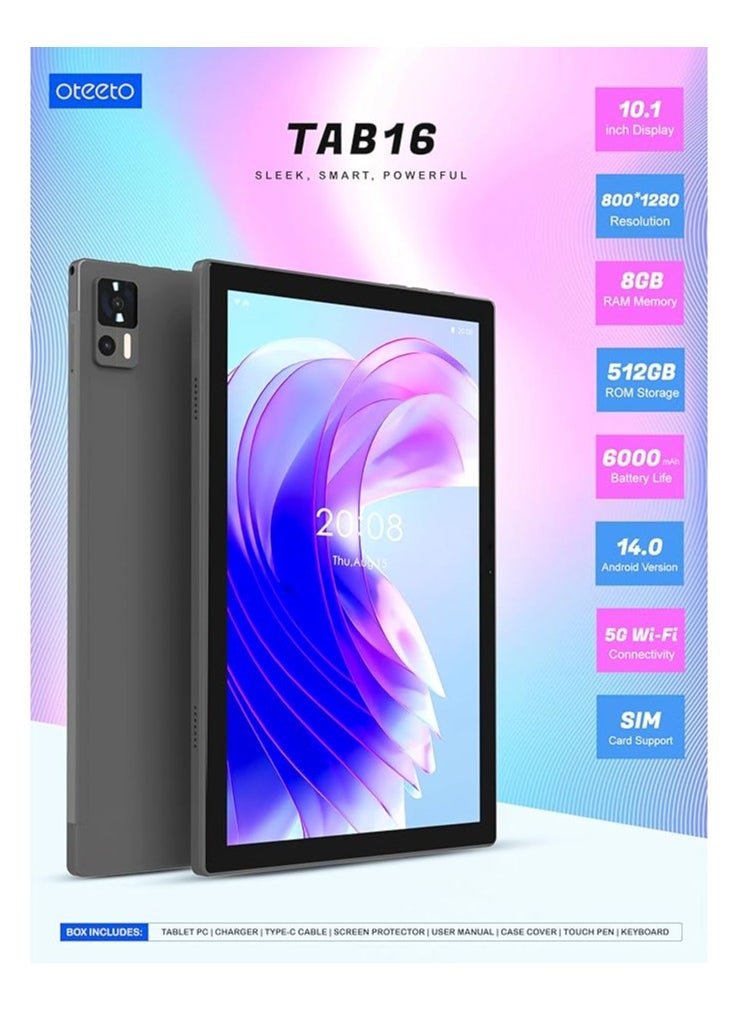 TAB 16 tablet/10.1 Inch IPS LCD/Octa Core 2.0GHz/Android 14/4G Connectivity/6000 mah battery/12GB + 512 GB/8 mp front + 13 Mp rear camera/keyboard/touch pen