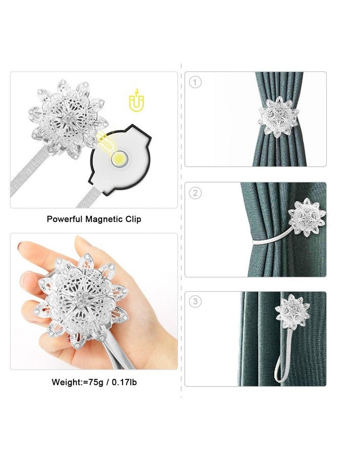 اوليب مشابك ستائر مغناطيسية من AULEEP، مجموعة من 4 مشابك ستائر مغناطيسية مزخرفة، مشبك ستائر، نمط أوروبي وأمريكي (فضي) - Image 2