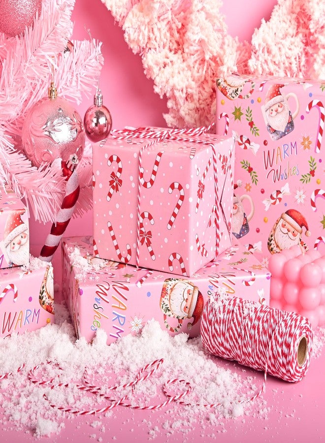 Vnaaem Pink Christmas Wrapping Paper Roll - Christmas Santa Claus Cup & Candy Cane with Bow Design Gift Wrap for Holiday Party Celebration Winter DIY Craft - 17 In X 20 Ft(Total 28.5sq.ft - Image 5