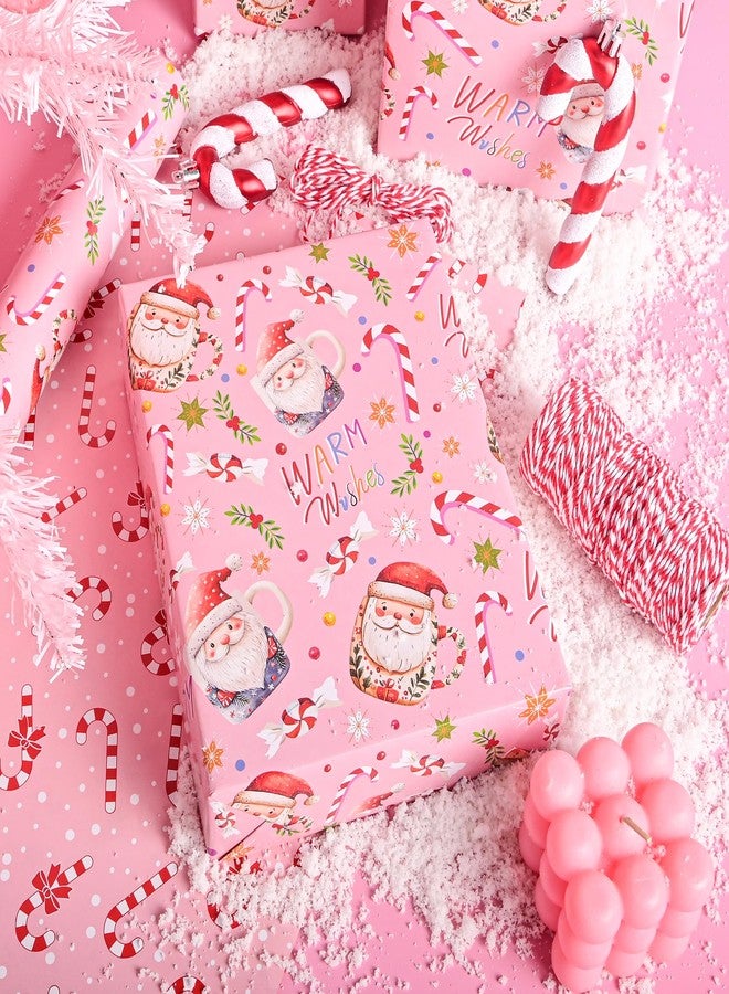 Vnaaem Pink Christmas Wrapping Paper Roll - Christmas Santa Claus Cup & Candy Cane with Bow Design Gift Wrap for Holiday Party Celebration Winter DIY Craft - 17 In X 20 Ft(Total 28.5sq.ft - Image 2