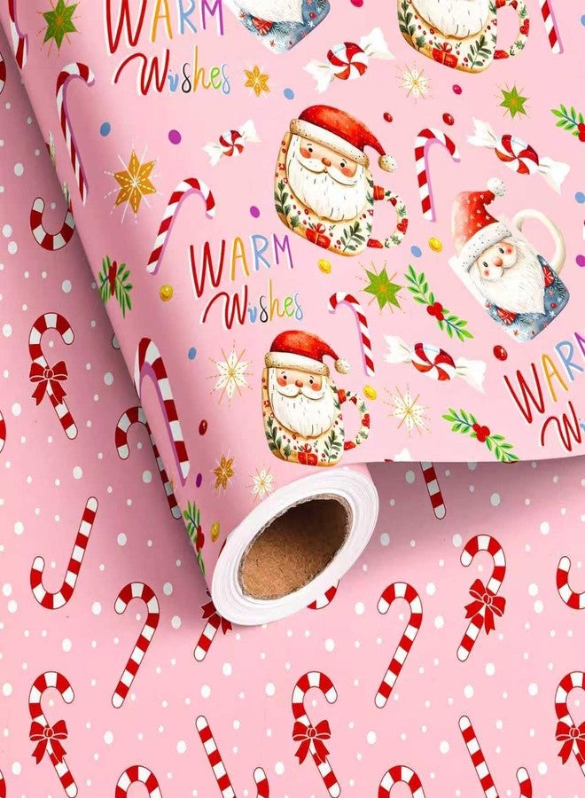 Vnaaem Pink Christmas Wrapping Paper Roll - Christmas Santa Claus Cup & Candy Cane with Bow Design Gift Wrap for Holiday Party Celebration Winter DIY Craft - 17 In X 20 Ft(Total 28.5sq.ft - Image 1