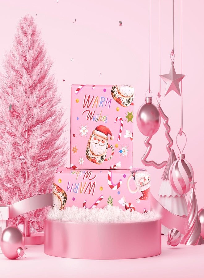 Vnaaem Pink Christmas Wrapping Paper Roll - Christmas Santa Claus Cup & Candy Cane with Bow Design Gift Wrap for Holiday Party Celebration Winter DIY Craft - 17 In X 20 Ft(Total 28.5sq.ft - Image 3