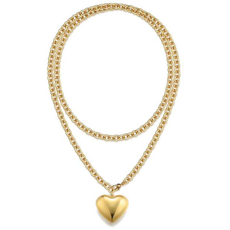 TEN MIRO 16k Gold Plated Chunky Gold Plated Necklace for Women Non Tarnish, 36'' /92cm Long Chunky Heart Necklace layered Puffy Heart Necklaces Long Thick Pendant Bold Statement Necklaces for Women Trendy - Image 1