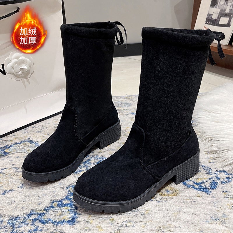 Thick Heel Suede Plus Size Plus Velvet Cotton Boots Lace Round Head Mid Heel Thin Boots - Image 1