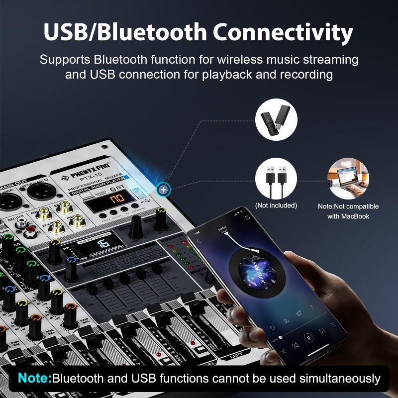 Phenyx Pro Professional Audio Mixer, Phenyx Pro Sound Console w/USB Audio Interface, 4-Channel Sound board DJ Mixer w/Stereo Equalizer, 16 DSP Effects, suitable for Stage, Live Gigs, and Karaoke (PTX-15) - Image 5