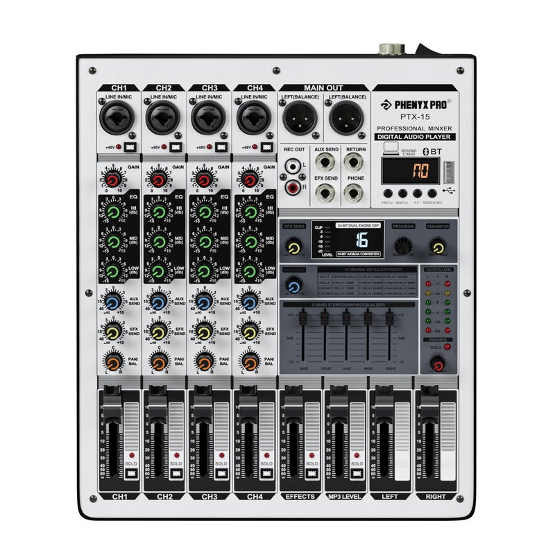 Phenyx Pro Professional Audio Mixer, Phenyx Pro Sound Console w/USB Audio Interface, 4-Channel Sound board DJ Mixer w/Stereo Equalizer, 16 DSP Effects, suitable for Stage, Live Gigs, and Karaoke (PTX-15) - Image 1