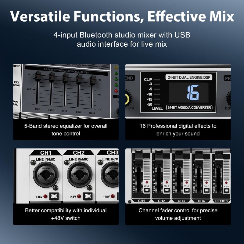 Phenyx Pro Professional Audio Mixer, Phenyx Pro Sound Console w/USB Audio Interface, 4-Channel Sound board DJ Mixer w/Stereo Equalizer, 16 DSP Effects, suitable for Stage, Live Gigs, and Karaoke (PTX-15) - Image 3