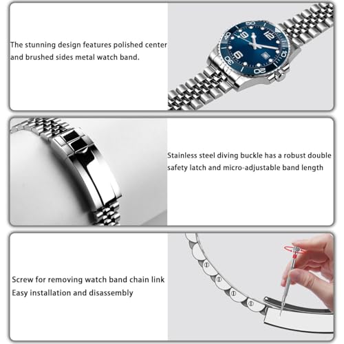 Juntan 22mm Screw-in Stainless Steel Watch Band for Men Women, 5 Beads Curved End Metal Watch Bands Strap with Oyster Buckle, No Gap Taperd Replacement Bracelet Silver - Image 5