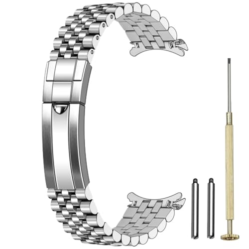 Juntan 22mm Screw-in Stainless Steel Watch Band for Men Women, 5 Beads Curved End Metal Watch Bands Strap with Oyster Buckle, No Gap Taperd Replacement Bracelet Silver - Image 1