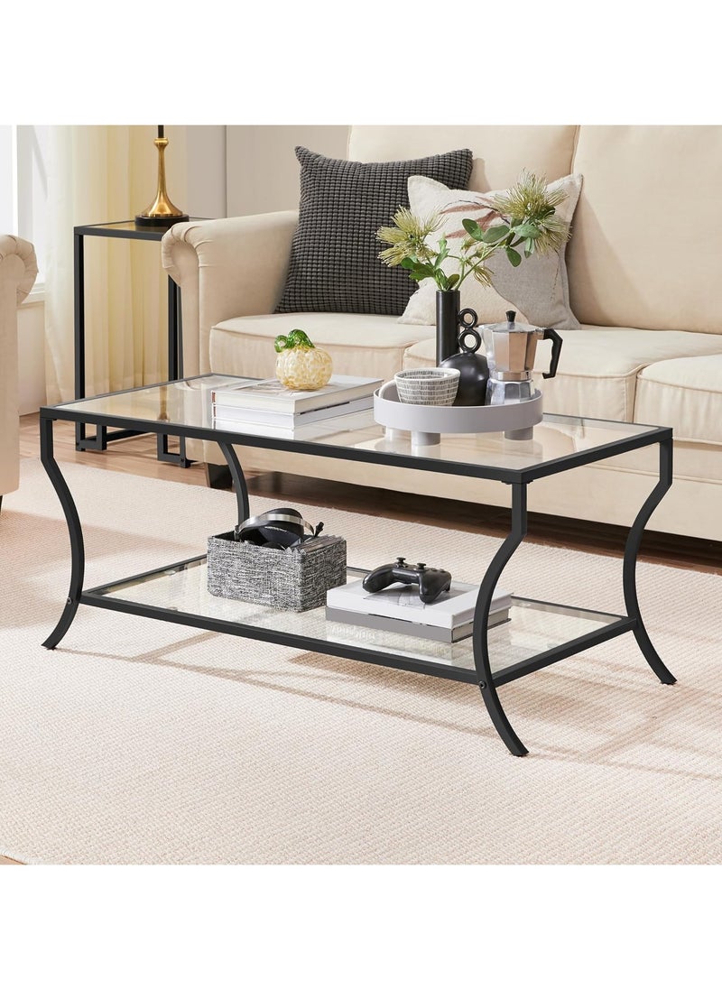 LINGWEI Coffee Table Stylish & Versatile Centerpiece for Home & Office Black Metal Frame With Clear Tempered Glass Top and Lower Storage Shelf for Living room Center Table  - Image 1