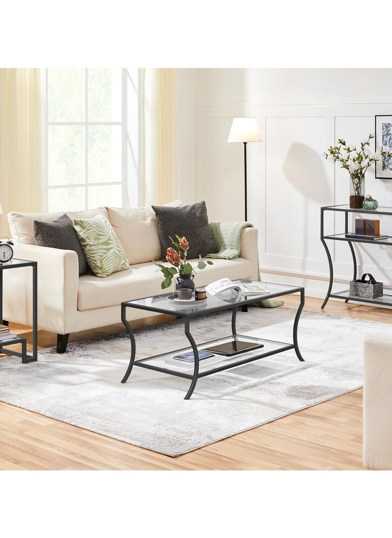 LINGWEI Coffee Table Stylish & Versatile Centerpiece for Home & Office Black Metal Frame With Clear Tempered Glass Top and Lower Storage Shelf for Living room Center Table  - Image 2