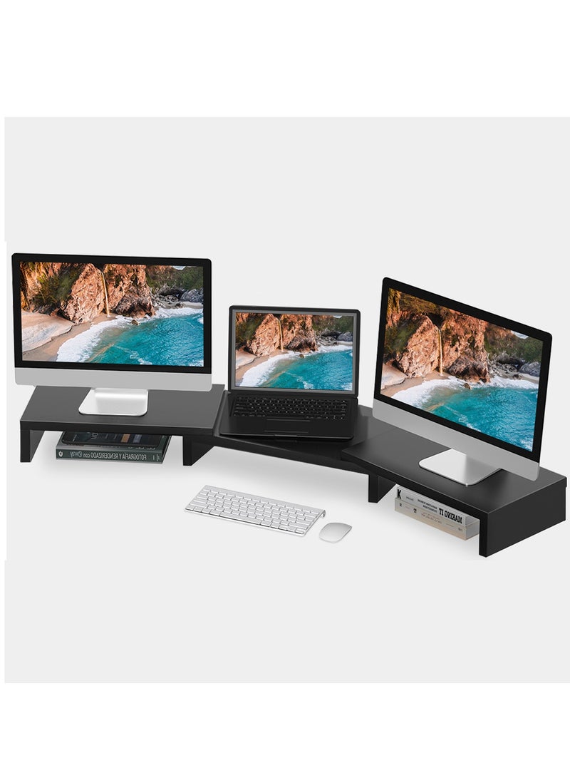 FlashHawk Dual Monitor Stand Riser with 3 Shelves, Adjustable Length & Angle, Extra Long Multifunctional Desk Organizer for 2 Monitors up to 24", Laptop, PC, TV, PS5, Ergonomic Office Desktop Storage Solution - Black  - Image 1