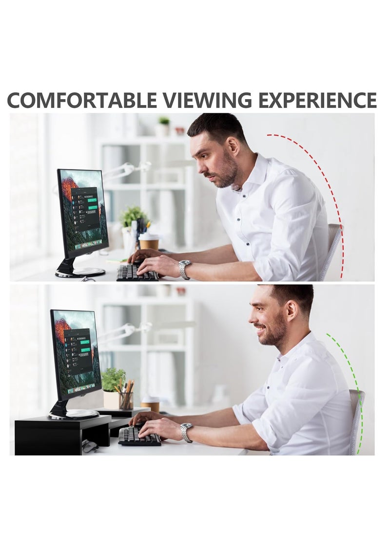 FlashHawk Dual Monitor Stand Riser with 3 Shelves, Adjustable Length & Angle, Extra Long Multifunctional Desk Organizer for 2 Monitors up to 24", Laptop, PC, TV, PS5, Ergonomic Office Desktop Storage Solution - Black  - Image 3