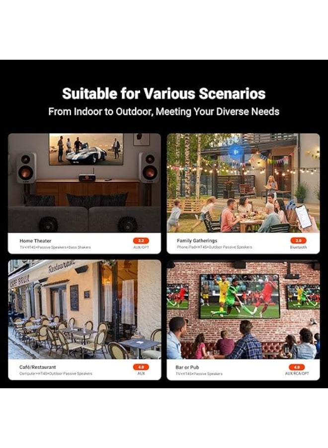 Fosi Audio HT4S Bluetooth Amplifier for Outdoor Speakers, Bass Shaker Sim 4-Channel Power Amp for Racing Cockpit 4.1/5.0 Ch Stereo Home Audio Receiver with AUX/Optical Input Remote Control - Image 3