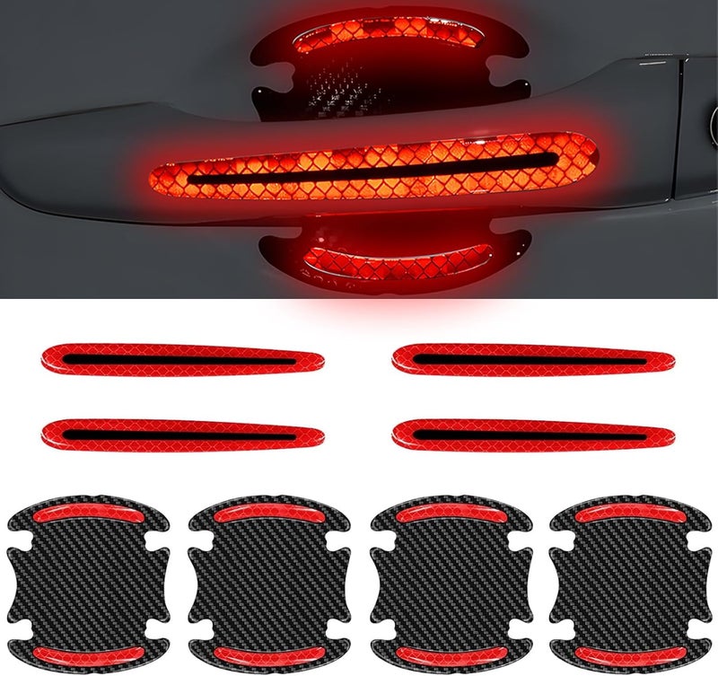 vvag 8Pcs Car Door Handle Protector Reflective Sticker, Universal Car Door Handle Scratch Protector 3D Carbon Fiber Self-Adhesive Door Handle Bowl Sticker for Most Car (Red) - Image 1
