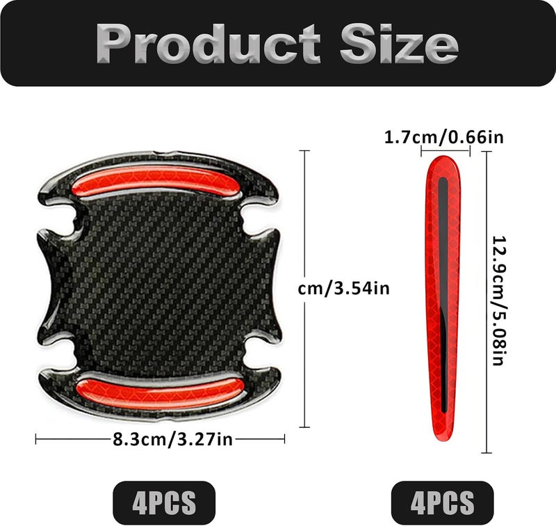 vvag 8Pcs Car Door Handle Protector Reflective Sticker, Universal Car Door Handle Scratch Protector 3D Carbon Fiber Self-Adhesive Door Handle Bowl Sticker for Most Car (Red) - Image 2