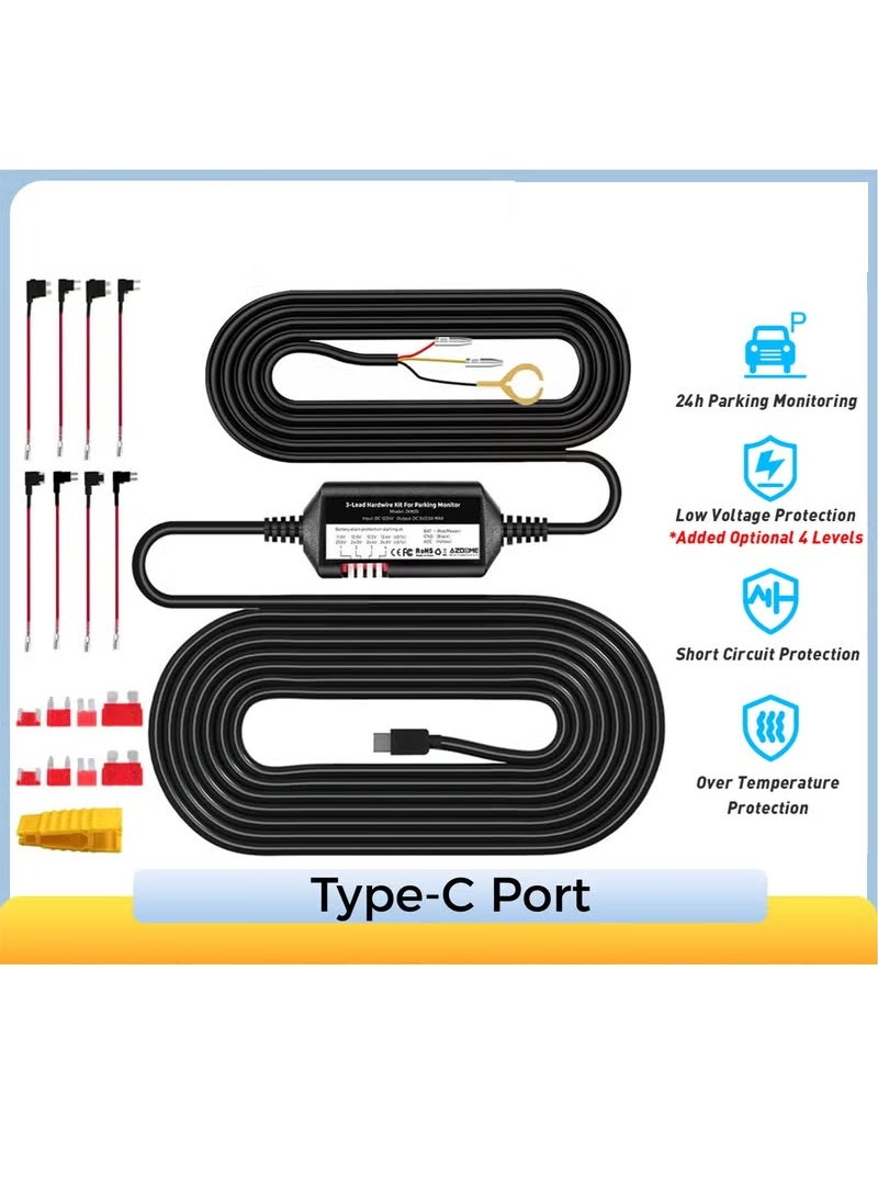 Arabest 3-Lead ACC Hardwire Kit Type-C USB Port for M550 M580 M660 M01Pro PG17 GS63HPro DashCam,12ft with Fuse Kit, Dash Camera 24H Parking Monitor,Convert 12V-24V to Output 5V/2.5A Max,Low Voltage Protection - Image 1