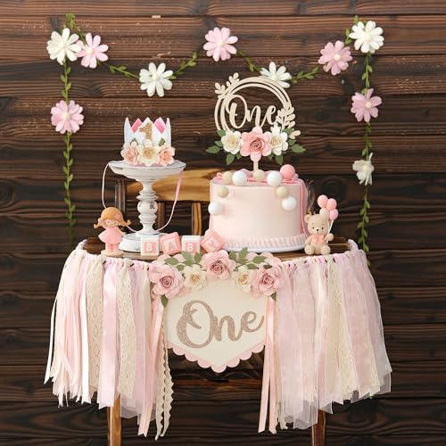 HODIHIWI Wildflower 1st High Chair Banner Birthday Decorations For Girl Pink Flower Cake Topper Hat Floral Theme Party Decoration - Image 1