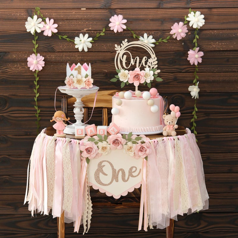 HODIHIWI Wildflower 1st High Chair Banner Birthday Decorations For Girl Pink Flower Cake Topper Hat Floral Theme Party Decoration - Image 2