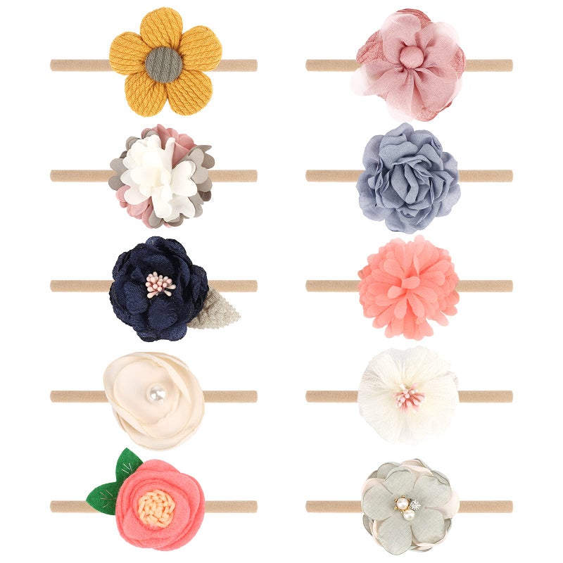 DRESHOW BQUBO Baby Girl Headbands with Bows Nylon Hairbands Handmade Hair Accessories for Newborn Infant Toddlers 10 Pack