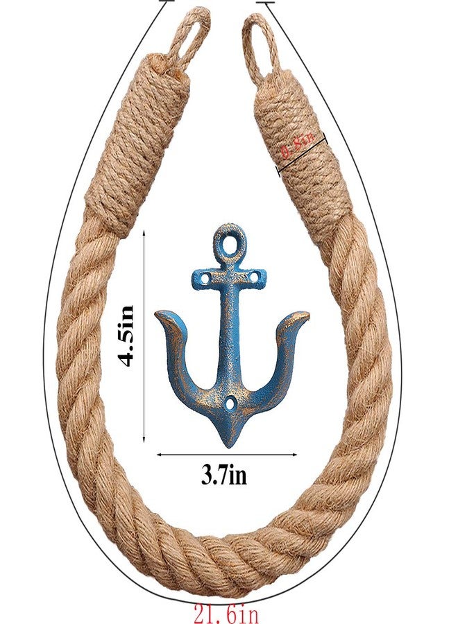 Amerla 2 Pcs Nautical Rope Toilet Paper Holder Wall-Mounted Towel Ring Nautical Toilet Paper Holder with Metal Hooks Coastal Towel Rack Natural Antique Rope （Blue+Blue） - Image 2