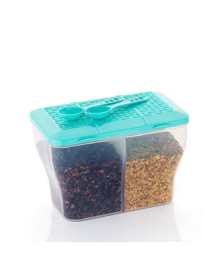 HAPPI Multipurpose Plastic 2 in 1 Masala Box for Kitchen, Spice Boxes for Kitchen, Transparent 2 Compartment Storage Containers Airtight Grocery, Dry Fruits Box 2000 Ml with 2 Spoons(Green) - Image 2