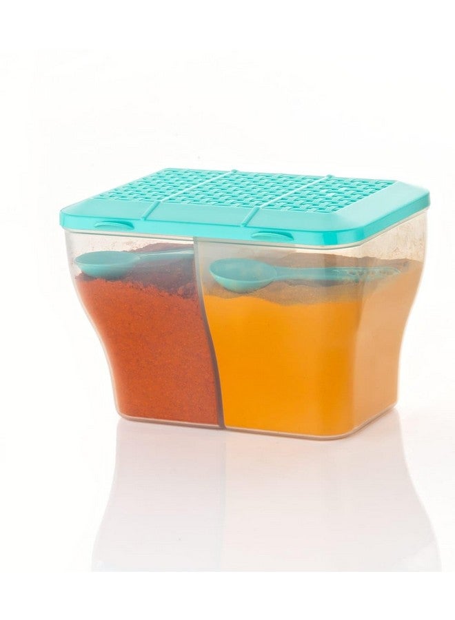 HAPPI Multipurpose Plastic 2 in 1 Masala Box for Kitchen, Spice Boxes for Kitchen, Transparent 2 Compartment Storage Containers Airtight Grocery, Dry Fruits Box 2000 Ml with 2 Spoons(Green) - Image 3