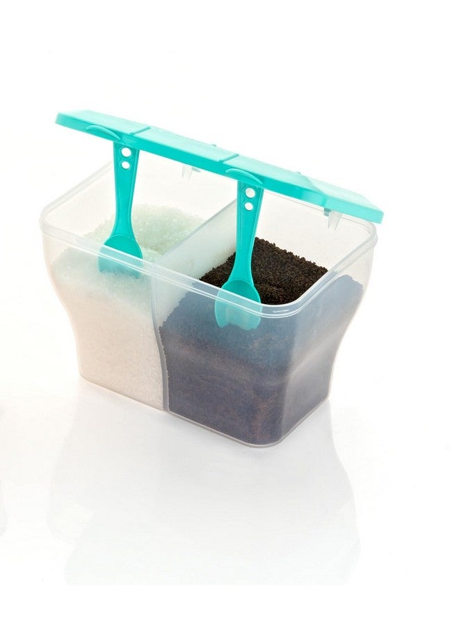 HAPPI Multipurpose Plastic 2 in 1 Masala Box for Kitchen, Spice Boxes for Kitchen, Transparent 2 Compartment Storage Containers Airtight Grocery, Dry Fruits Box 2000 Ml with 2 Spoons(Green) - Image 1