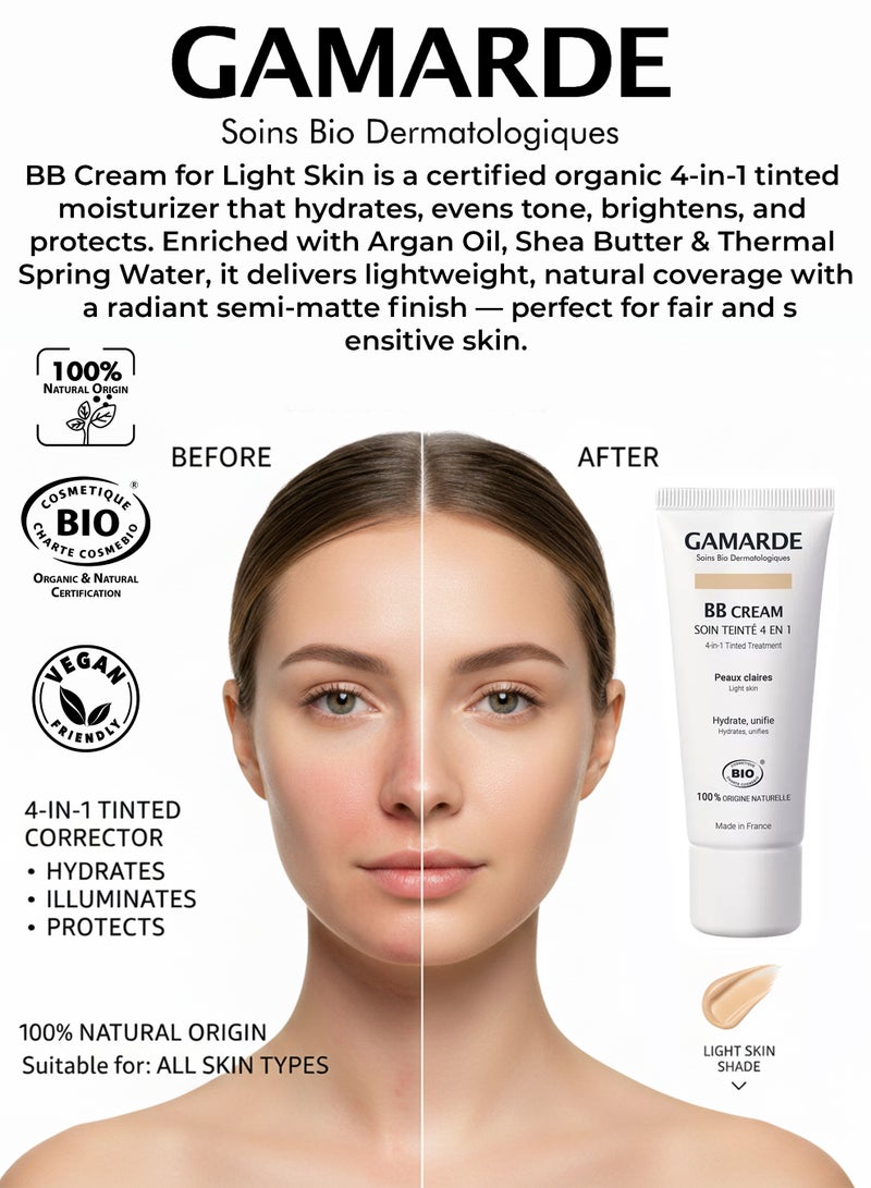 gamarde Professional BB Cream for Light Skin 40ml Certified Organic Natural Tinted Moisturizer & Face Corrector 4-in-1 Hydrating, Brightening, Soothing & SPF15 Sun Protecting Formula Lightweight Non-Greasy with Argan Oil, Shea Butter, White Clay & Thermal Spring Water Organic Makeup Base for Fair, Pale, Sensitive, Dry, Normal & Combination Skin Natural Radiant Semi-Matte Finish French Luxury Best Organic Skincare for Daily Use - Image 2