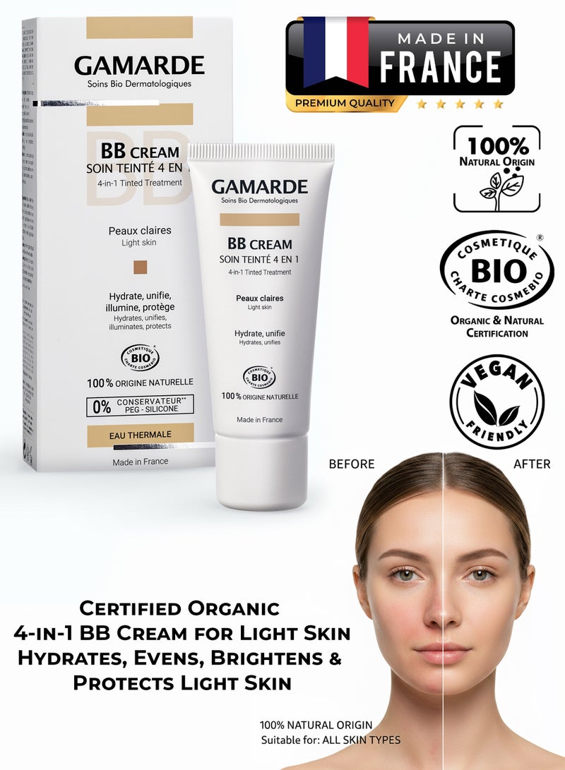 gamarde Professional BB Cream for Light Skin 40ml Certified Organic Natural Tinted Moisturizer & Face Corrector 4-in-1 Hydrating, Brightening, Soothing & SPF15 Sun Protecting Formula Lightweight Non-Greasy with Argan Oil, Shea Butter, White Clay & Thermal Spring Water Organic Makeup Base for Fair, Pale, Sensitive, Dry, Normal & Combination Skin Natural Radiant Semi-Matte Finish French Luxury Best Organic Skincare for Daily Use - Image 1