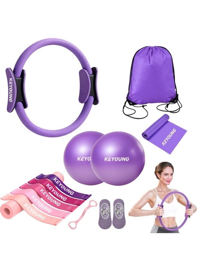 12 Pcs Pilates Equipment kit for Home Workouts, Women's Pilates Essentials Set, Pilates Ring and 2 Ball Accessories Ket, with 5 Resistance Loop, Grip Socks, Resistance Bands, Sculpt Band & Storage Bag - Image 2