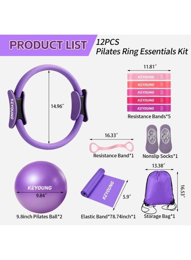 12 Pcs Pilates Equipment kit for Home Workouts, Women's Pilates Essentials Set, Pilates Ring and 2 Ball Accessories Ket, with 5 Resistance Loop, Grip Socks, Resistance Bands, Sculpt Band & Storage Bag - Image 3