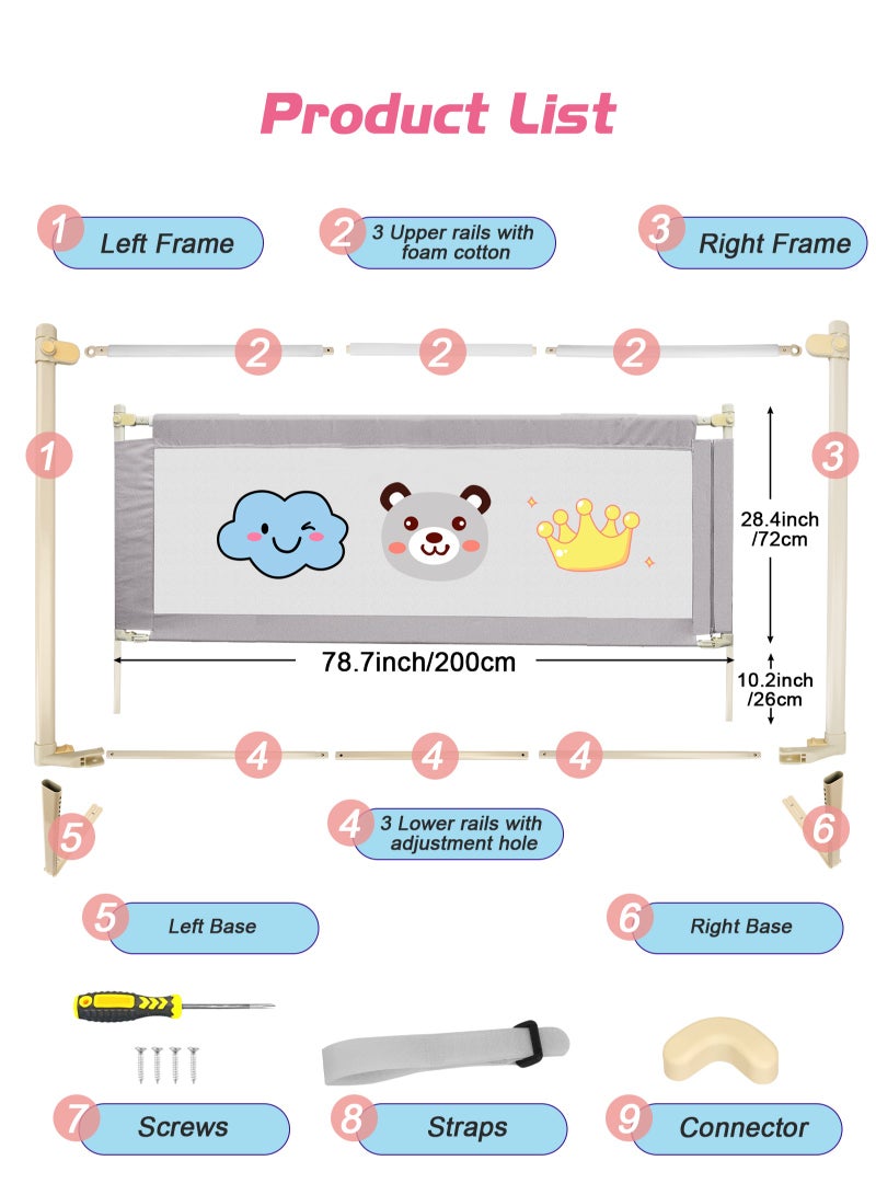 أوربازار حاجز حماية لسرير الطفل، حاجز حماية طويل جدًا للسرير، ارتفاع قابل للتعديل وحاجز حماية قابل للطي، سرير جانبي واحد (200 × 98 سم) عبوة من قطعة واحدة - Image 2