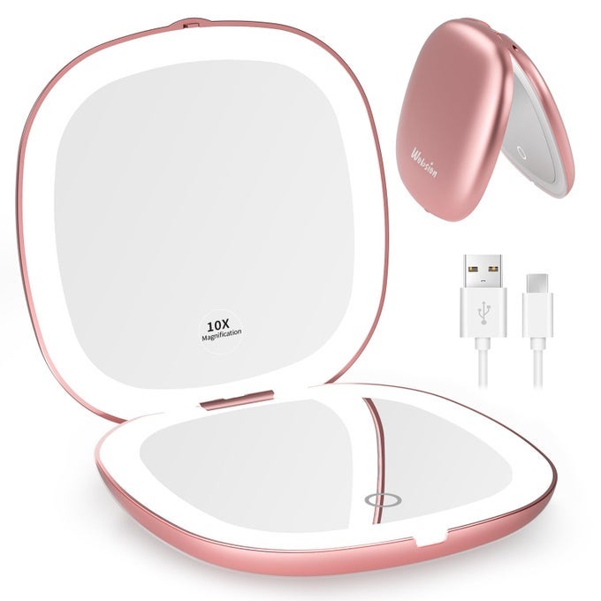 TRAVEL MIRROR WITH LIGHT RECHARGEABLE 1X10X COMPACT MAGNIFYING MIRROR DIMMABLE POCKET MIRRORHANDHELD 2SIDE MIRROR WITH LIGHT4INCH TRAVEL SIZEPORTABLE FOR HANDBAGPURSEGIFTROSE GOLD