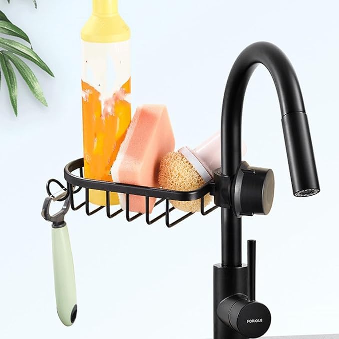 Jukmen Sponge Holder for Kitchen Faucet Hanging Faucet Kitchen Sponge Holder Stainless Steel Metal Storage Basket for Bathroom Home Accessories Pack of 1 Black - Image 1
